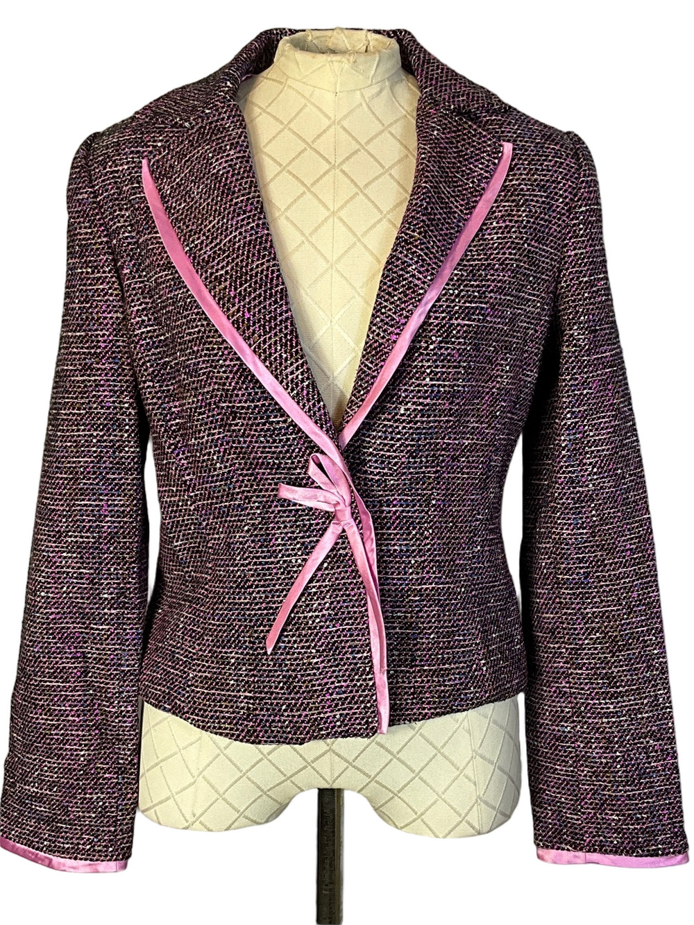 The Limited Pink Tweed Ribbon-Trim Silk Lining Cropped Blazer Size Medium